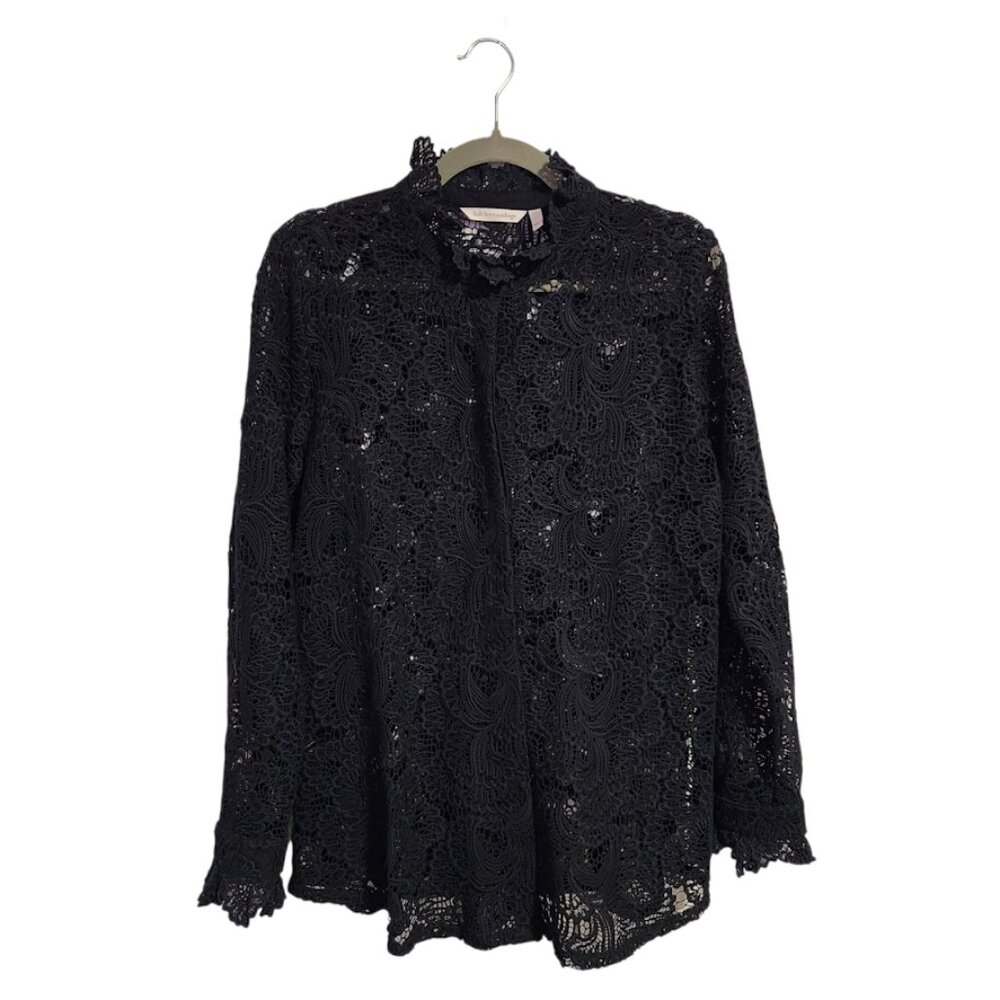 SOFT SURROUNDINGS Lasalle‎ Lace Long sleeve sheer button front top black L